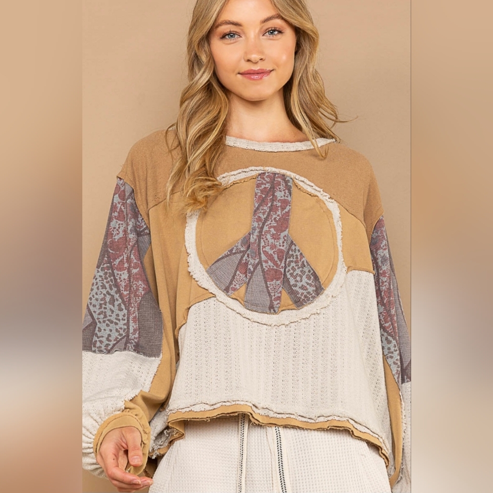 POL Peace Sign Patchwork Sweatshirt - Boho Waffle Knit - Size Medium